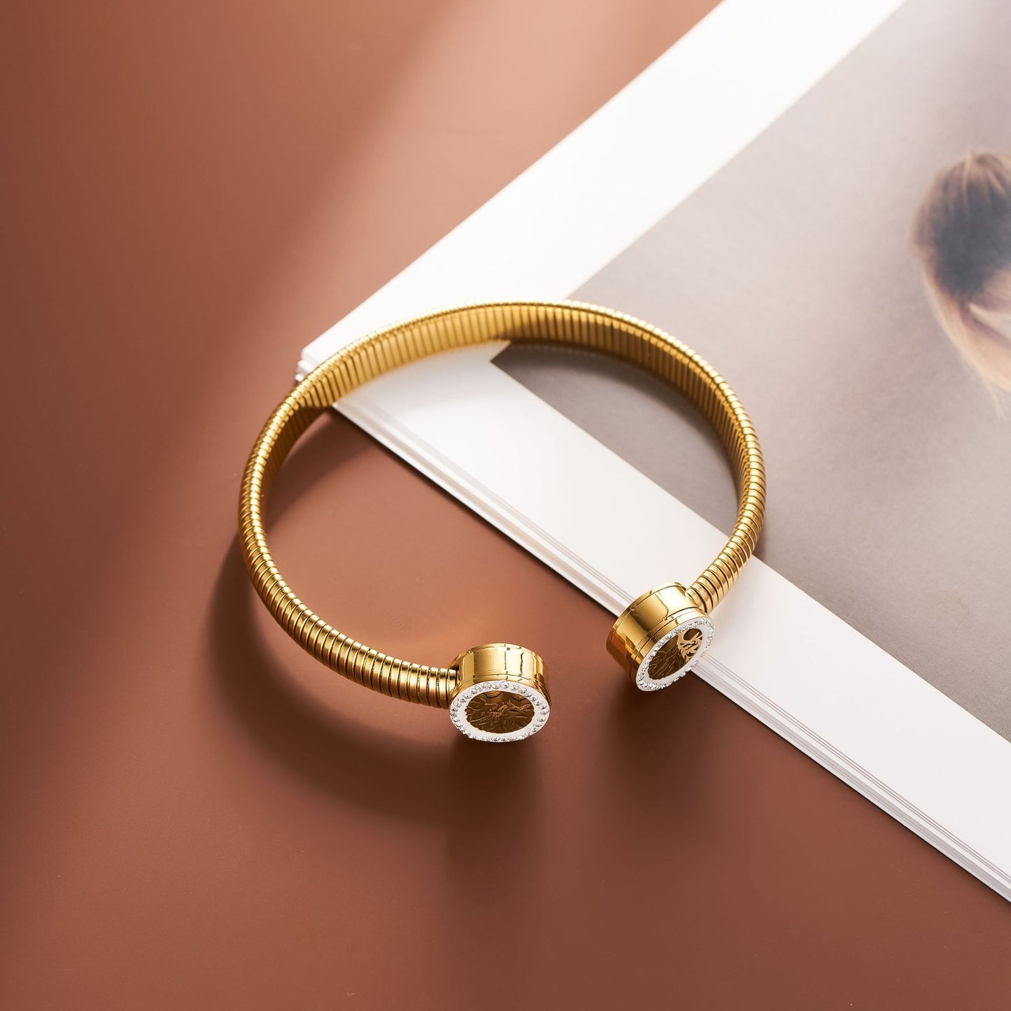 Titanium Steel 18K Gold-Plated Fortune Tree Diamond Hinged Bracelet