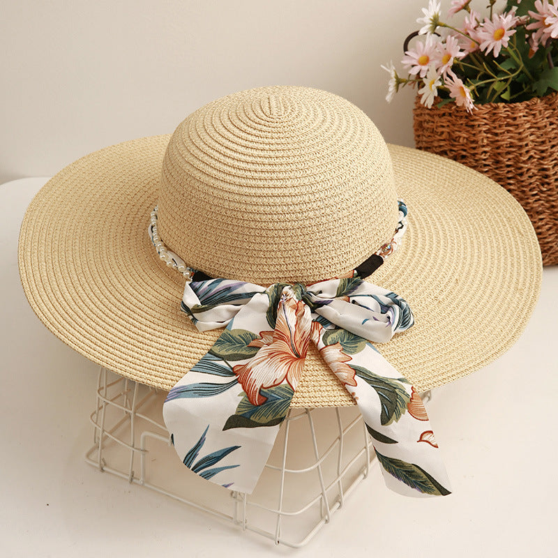 Beach Straw Hat Wide-Brim UV Protection Foldable with Bow