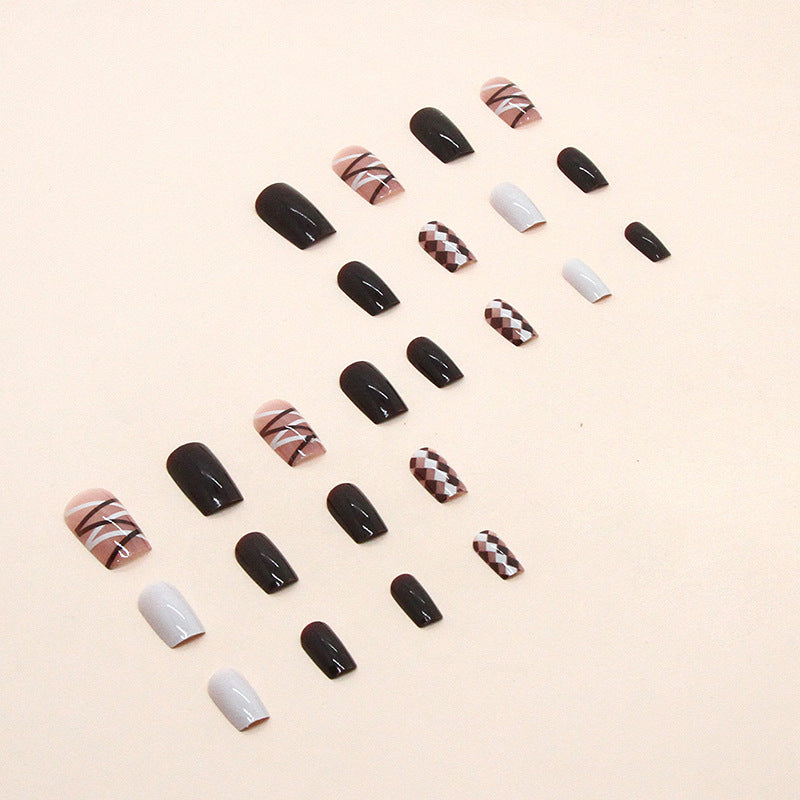 Coffee Checkered Milk White Deep Coffee Nails