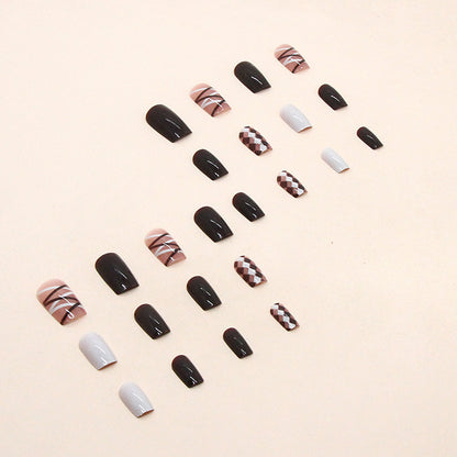 Coffee Checkered Milk White Deep Coffee Nails