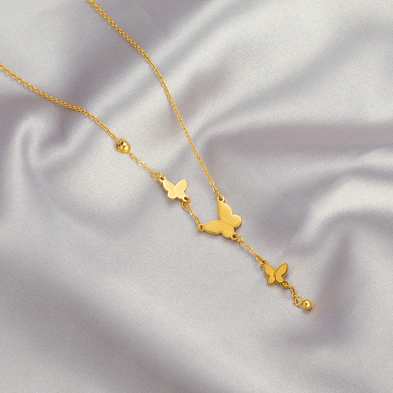 Chinese-Style Butterfly Tassel Collarbone Necklace — 18K Gold-Plated Titanium Steel