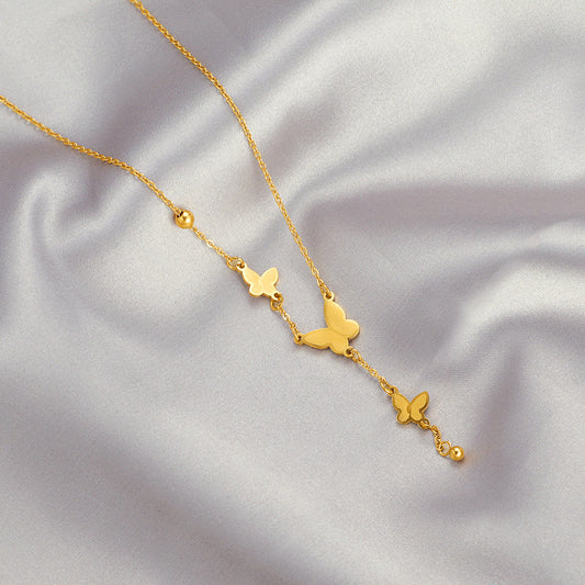 Chinese-Style Butterfly Tassel Collarbone Necklace — 18K Gold-Plated Titanium Steel
