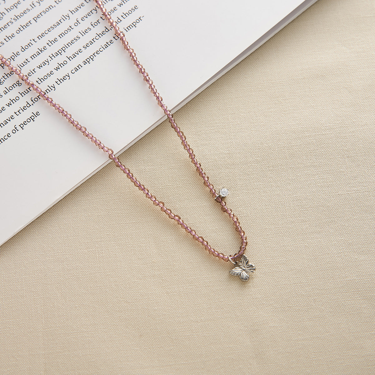 Women's Handmade Stainless Steel Butterfly Necklace with Diamond Bead Chain