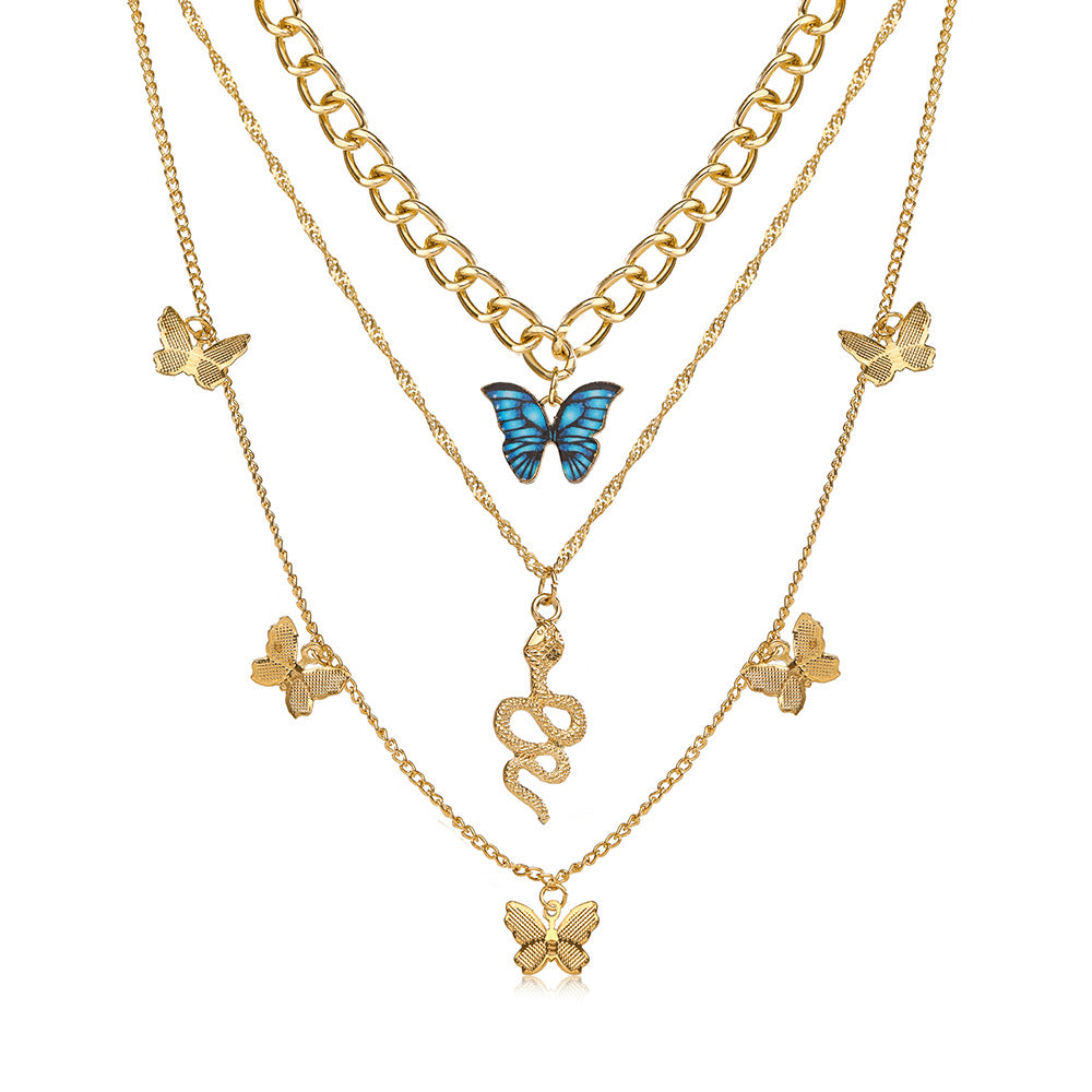 Colorful butterfly necklace three-layer necklace