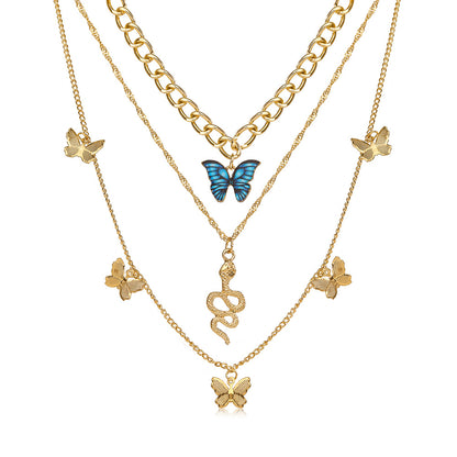 Colorful butterfly necklace three-layer necklace