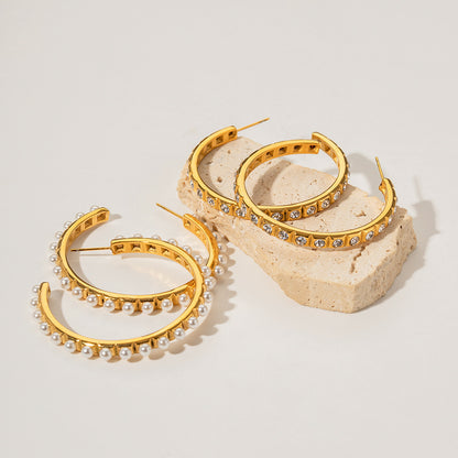 C-shaped exaggerated full pearl earrings