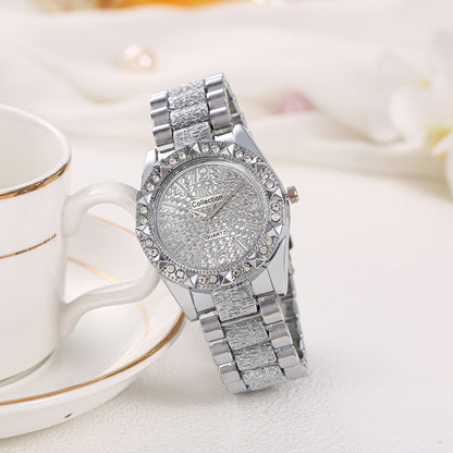 Diamond-Embedded Engraved Quartz Watch Unisex