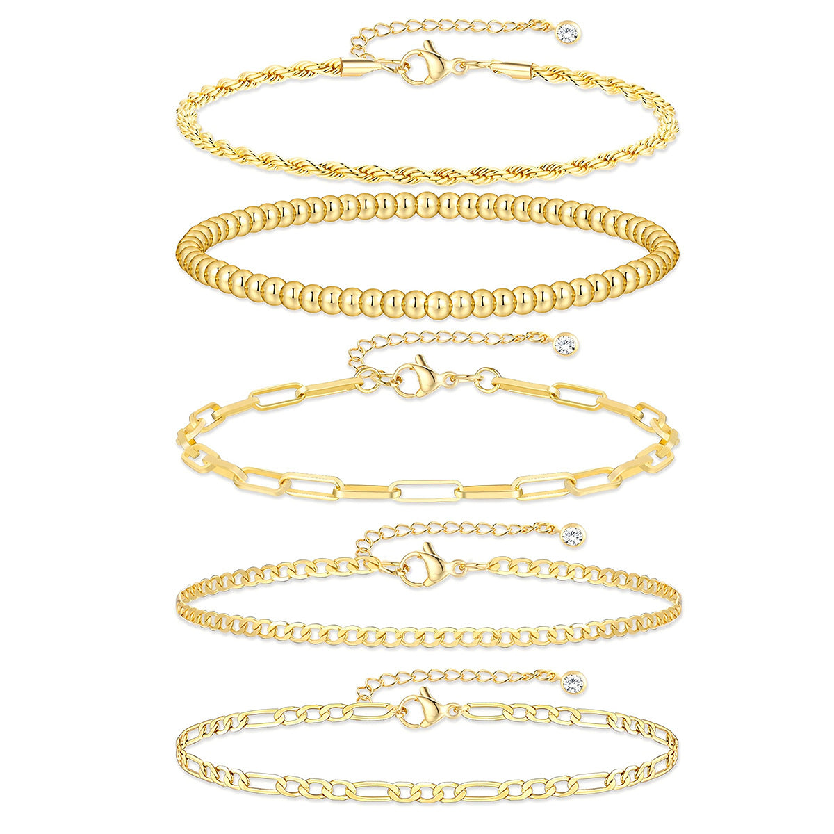 Gold Bead & Twist Chain Bracelet Set (5-Piece)