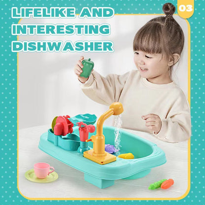 Children's Toy: Electric Flower Waterwheel Dishwasher 3-in-1 Vegetable Washing Basin with Circulating Water Fishing Plate Pretend Play