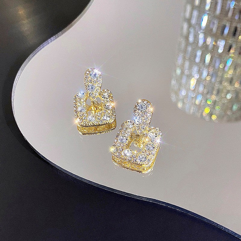 French Retro Geometric Square Flash Diamond Stud Earrings