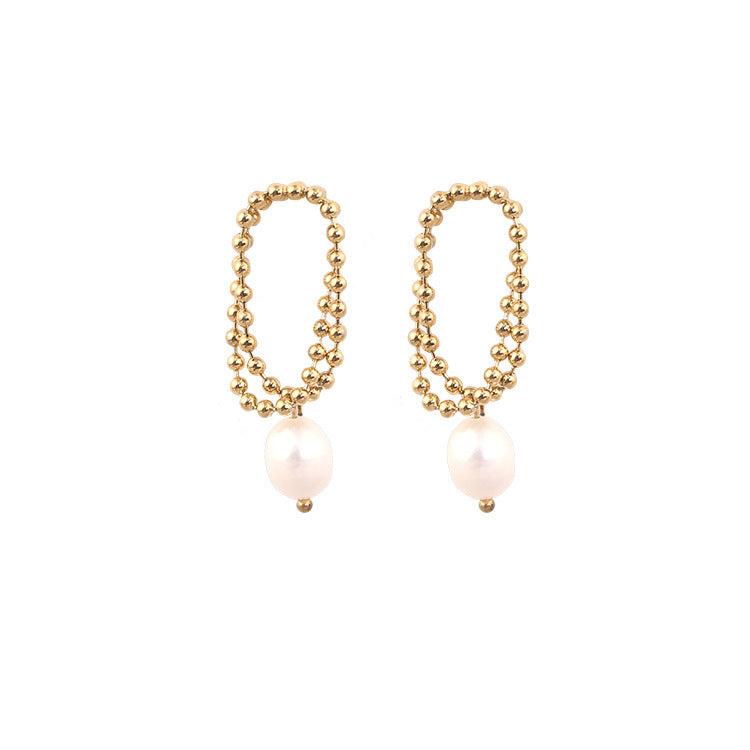 Women's Retro Pearl Titanium Steel Stud Earrings with K-Gold Bead Chain
