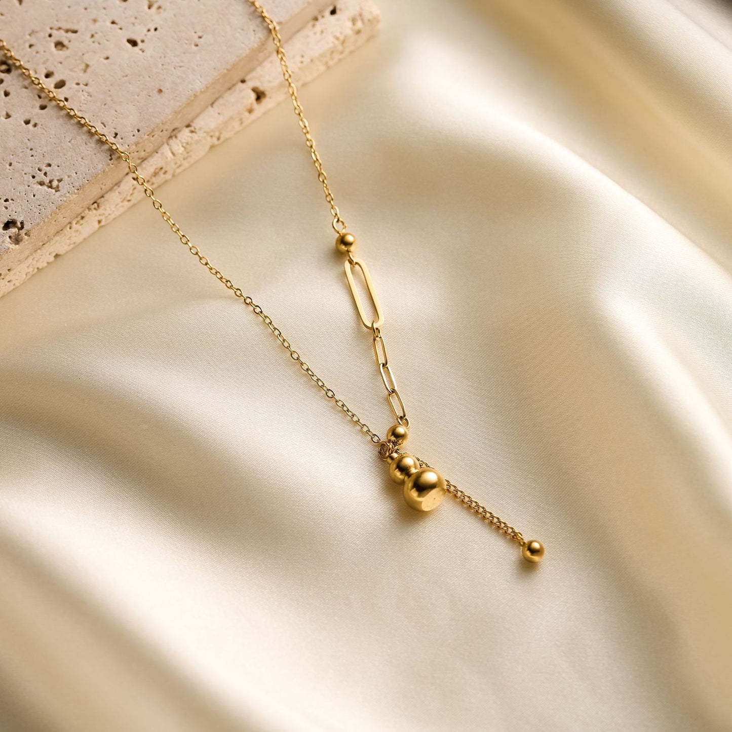 Women's Titanium Steel Gourd Pendant Necklace — Fringe Spliced Collarbone Chain, 18K Gold-Plated