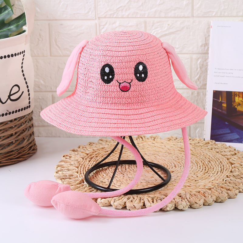 Gorro de paja con orejas de conejo para bebé, protección UV, bonito y divertido 
