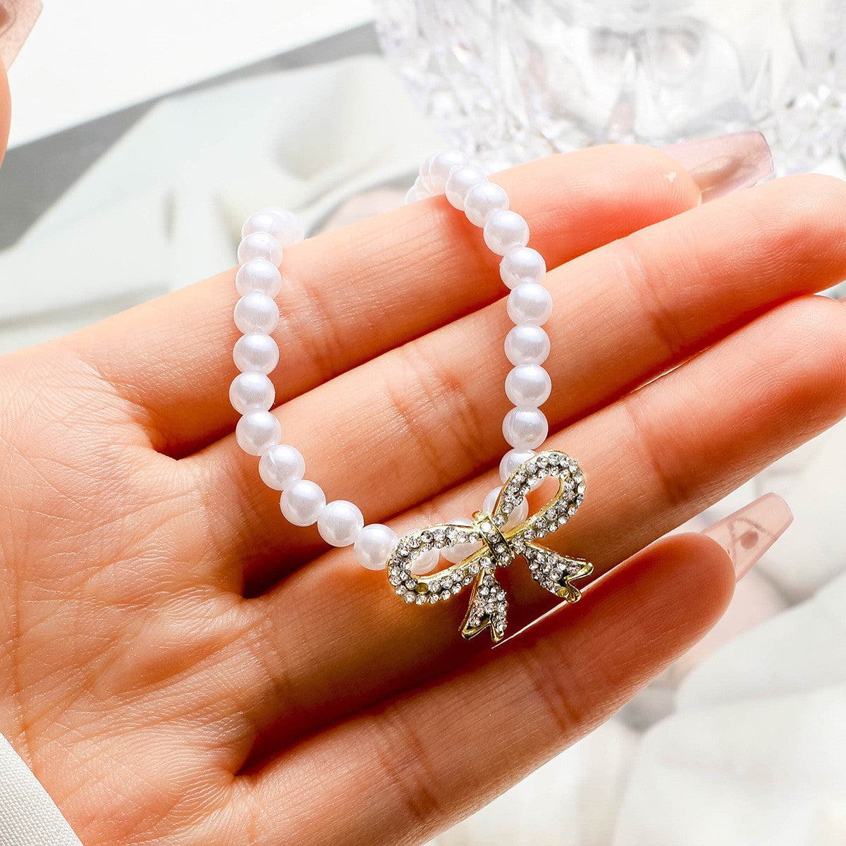 Diamond Bow Pearl Necklace