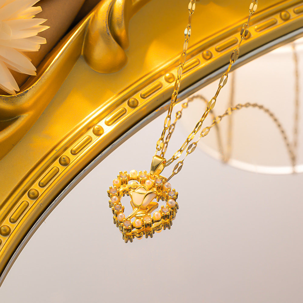 Titanium Steel Rose & Pearl Collarbone Necklace