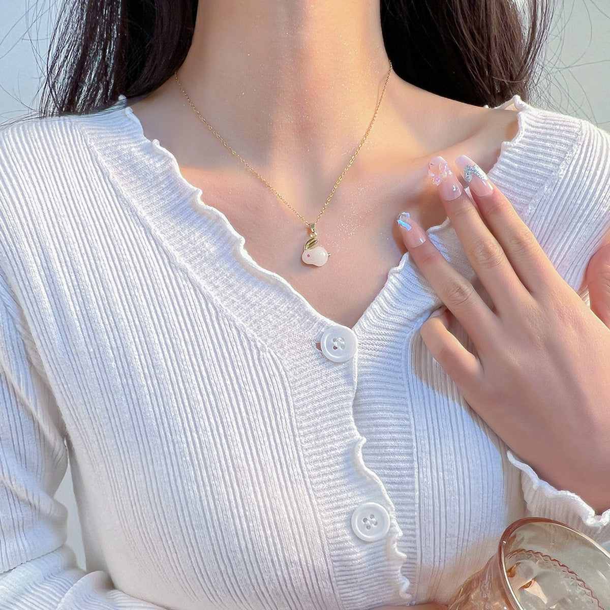 Women's Non-Fading Titanium-Steel Clavicle Necklace with Imitation Hetian Jade Rabbit Charm