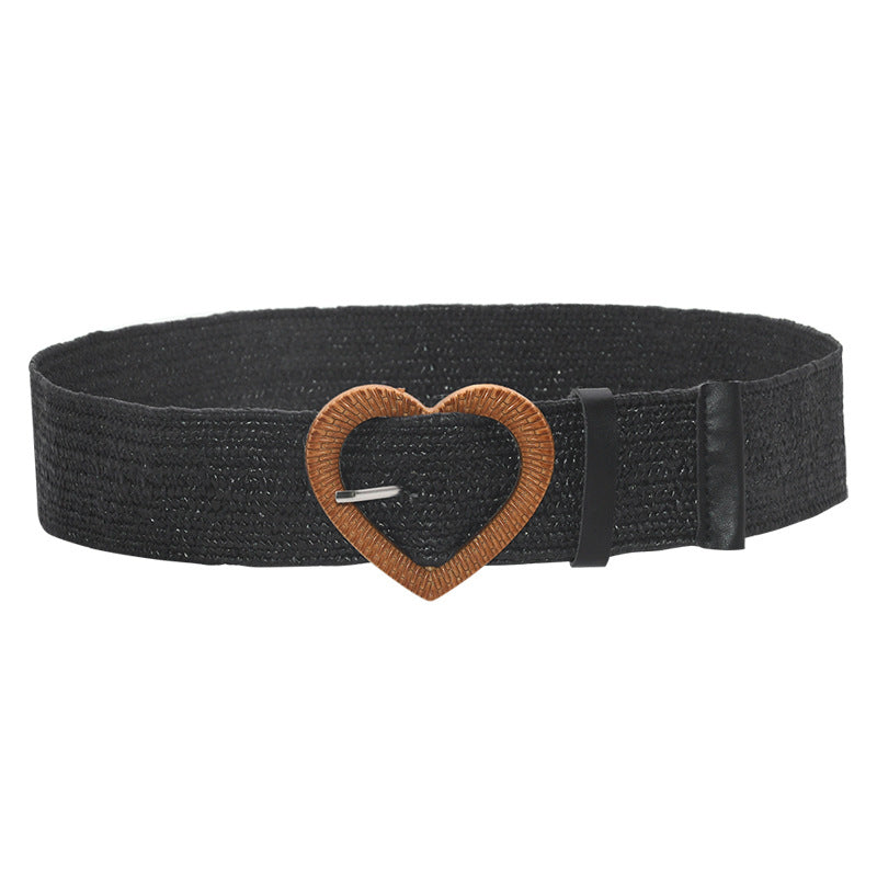Heart-shaped wooden buckle pp grass woven elastic belt