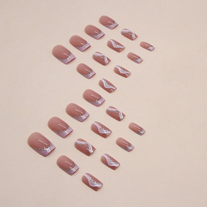 Uñas postizas cuadradas con rayas rosas y blancas 