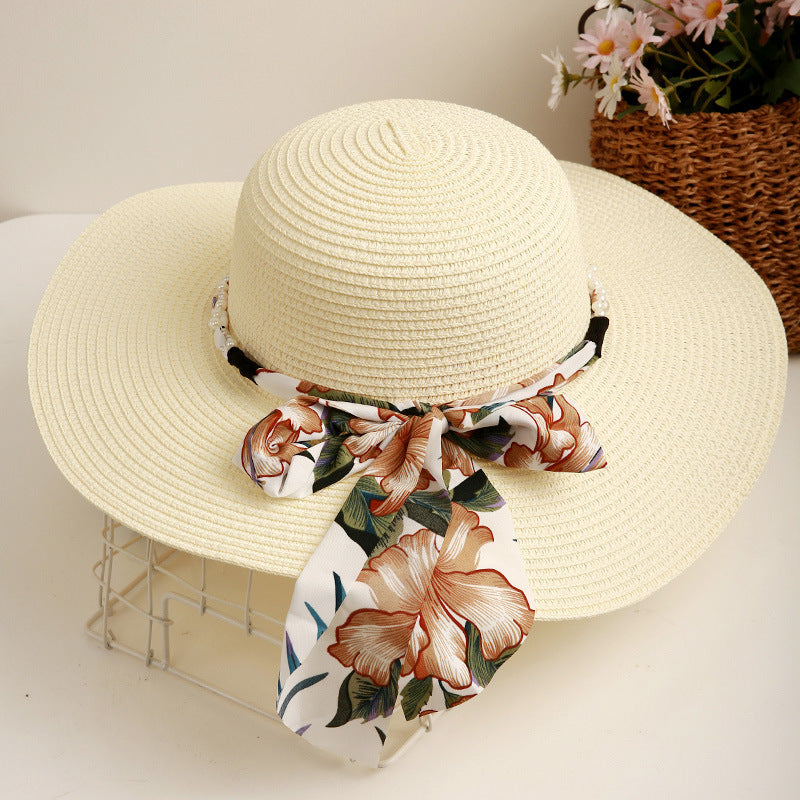 Beach Straw Hat Wide-Brim UV Protection Foldable with Bow