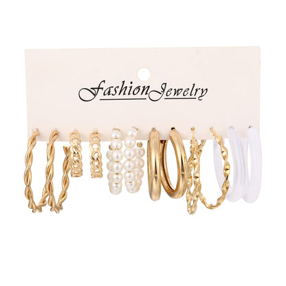 C-shaped gold circle resin pearl earrings 6-piece set