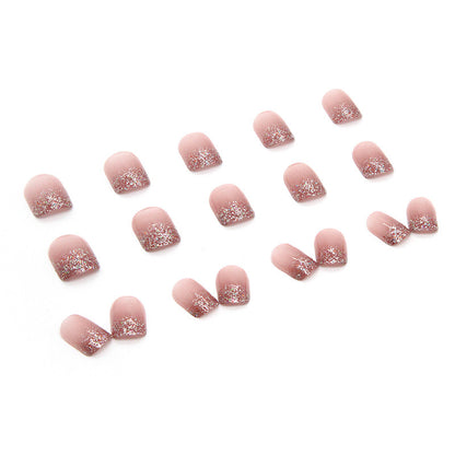 Uñas cortas con efecto espejo y brillo en color rosa 