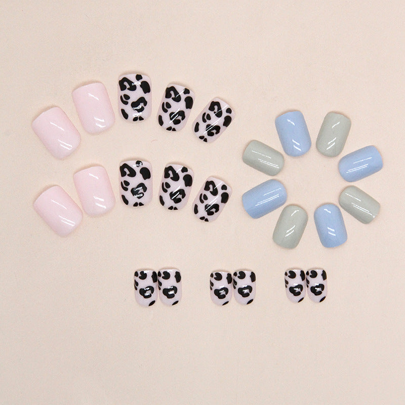 Uñas postizas cortas con estampado de leopardo azul verdoso 