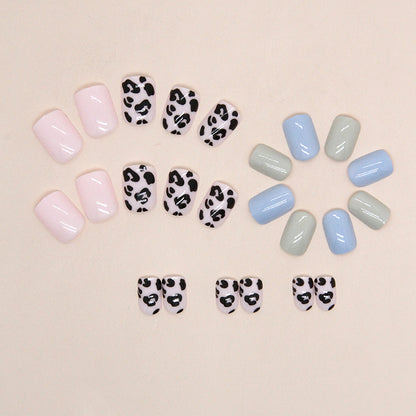 Uñas postizas cortas con estampado de leopardo azul verdoso 