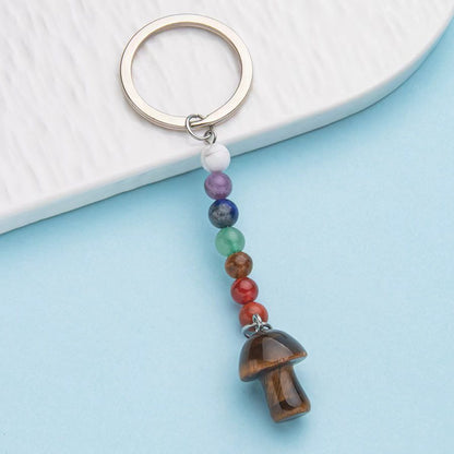 Colorful stone crystal small mushroom pendant stainless steel keychain