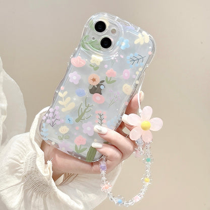 Wavy Bubble Case iPhone15 Pro XR Colorful Floral Chain Cover