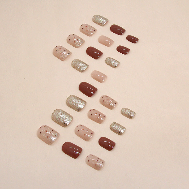 Caramel Brown Champagne Glitter Short Square Nails