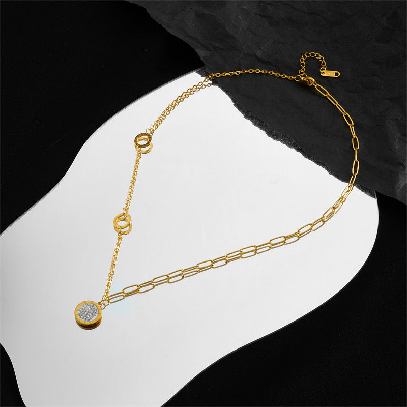 Women's 18K Gold-Plated Titanium Steel Roman Numeral Necklace with Diamond Accents