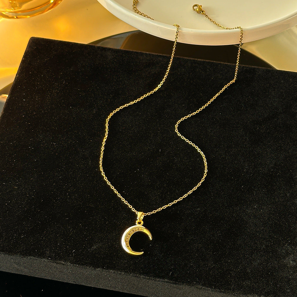 Women's Gold-Plated Titanium Steel Moon Pendant Necklace with Micro Zircon