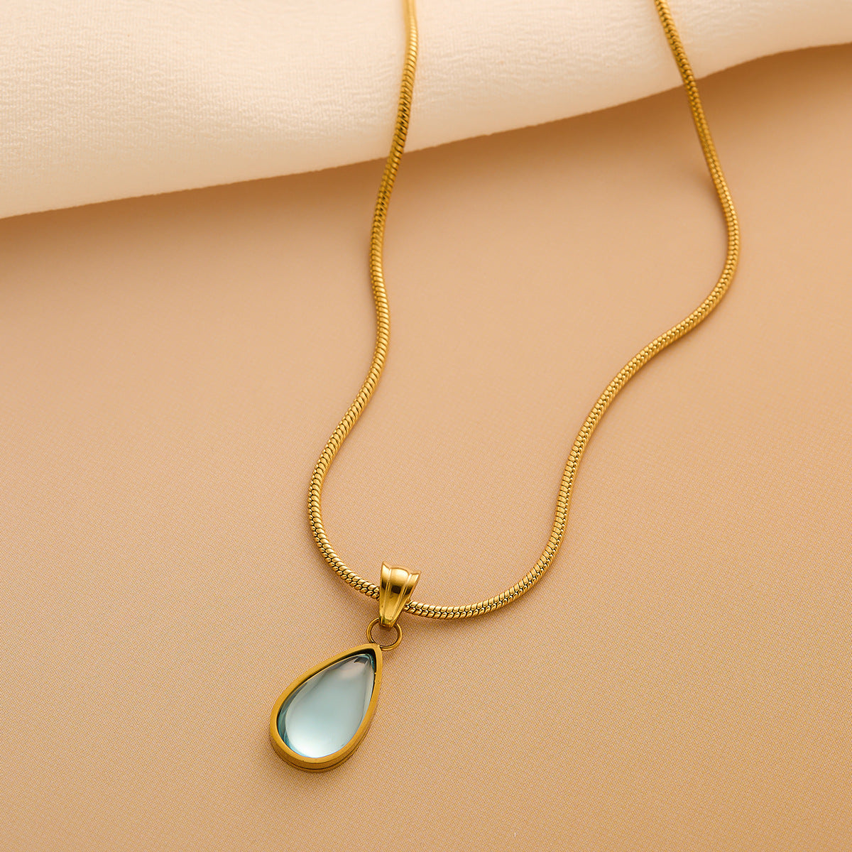 Women's Gold-Plated Titanium Steel Blue-Green Teardrop Pendant Snake Chain Necklace