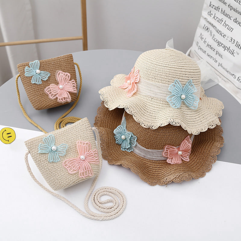 Conjunto de sombrero para el sol de verano para niñas, bolsa de paja con protección solar, elegante conjunto de encaje de princesa para bebés 