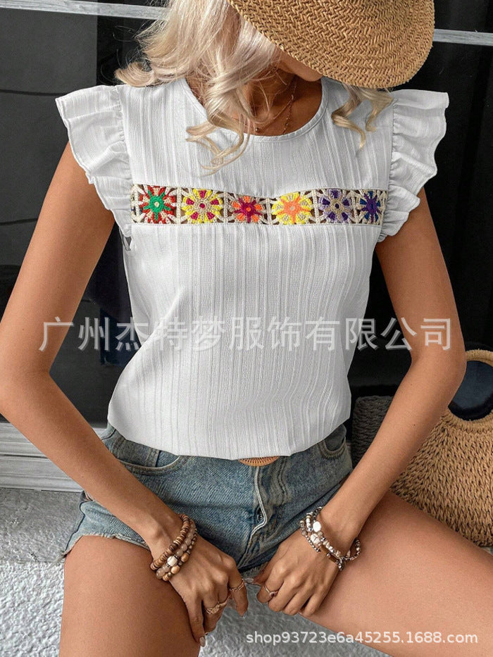 Hollow Lace Short Sleeve Shirt Top