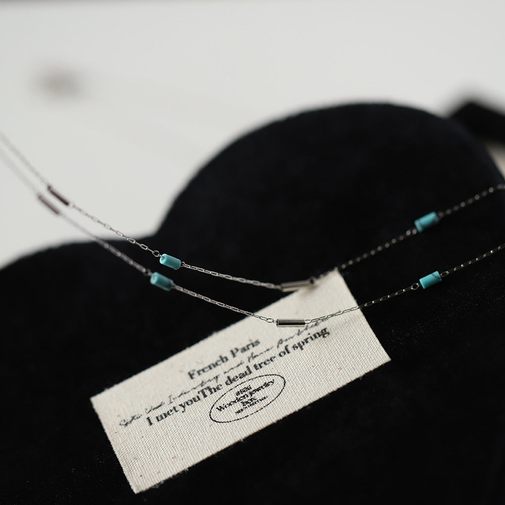 Mint Blue Faux Turquoise Pipe-Bead Layered Clavicle Necklace — Silver Titanium Steel