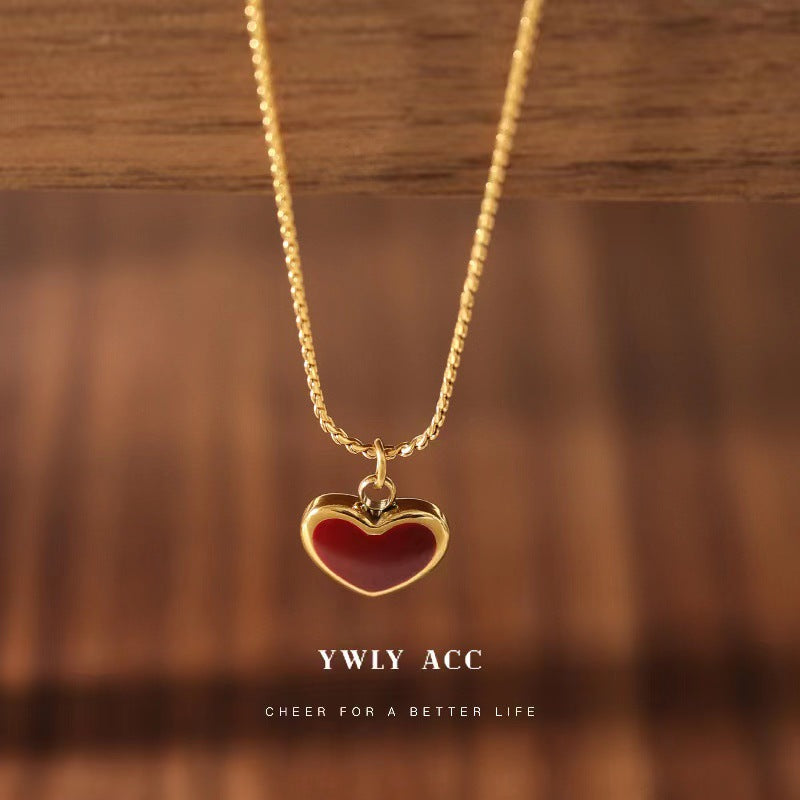 Collar con colgante de esmalte de corazón rojo, elegante cadena de acero de titanio 