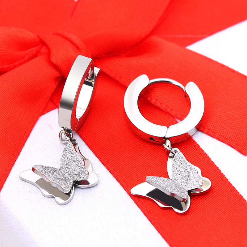 18K Rose Gold Titanium Steel Frosted Butterfly Earrings — Korean Cute Versatile