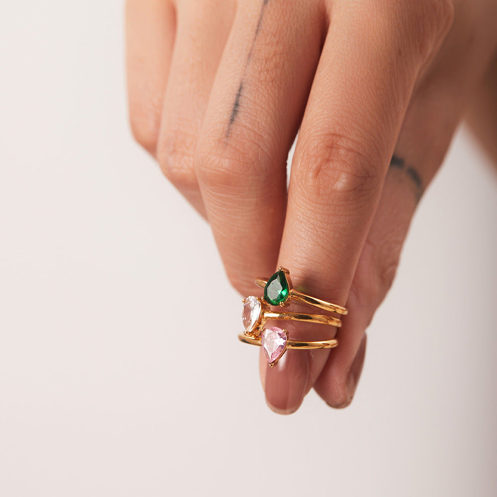 Anillo con circonitas en forma de gota blanca/verde/rosa 