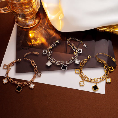 Pulsera de trébol de cuatro hojas de doble capa de acero de titanio: moderna y lujosa 