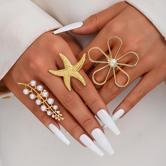 3-Piece Starfish Pearl Ring Set