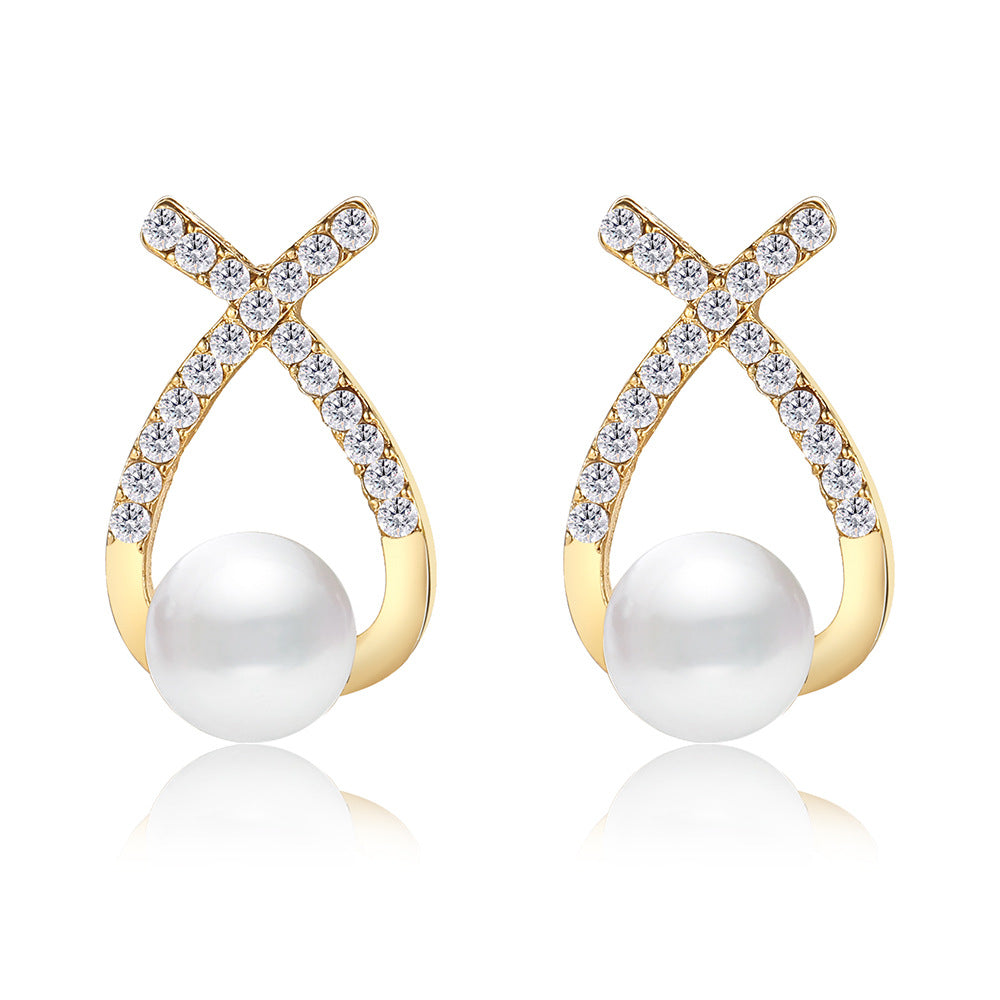 French Retro Pearl Cross Stud Earrings