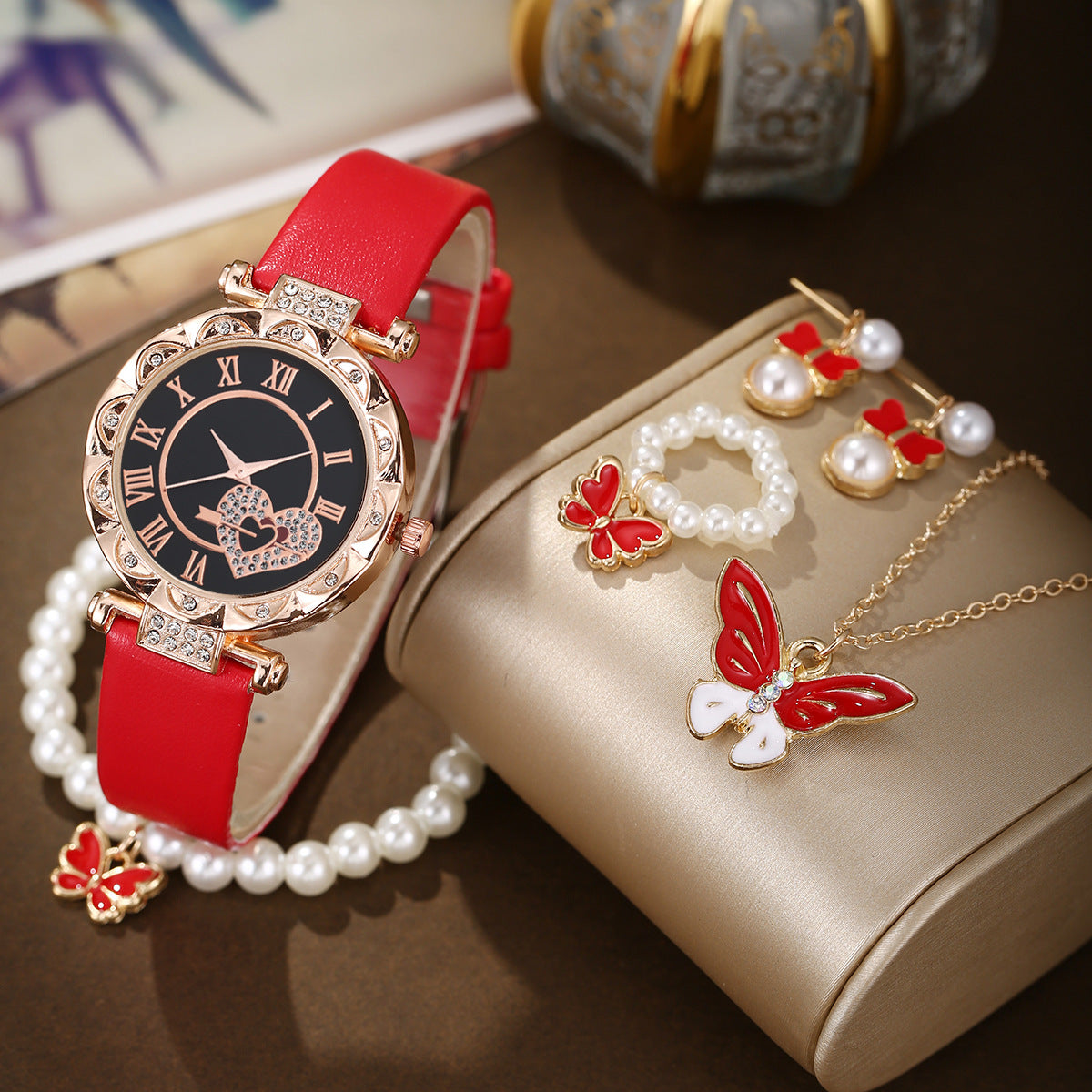 Fashion Watch Butterfly Pearl Jewelry Set