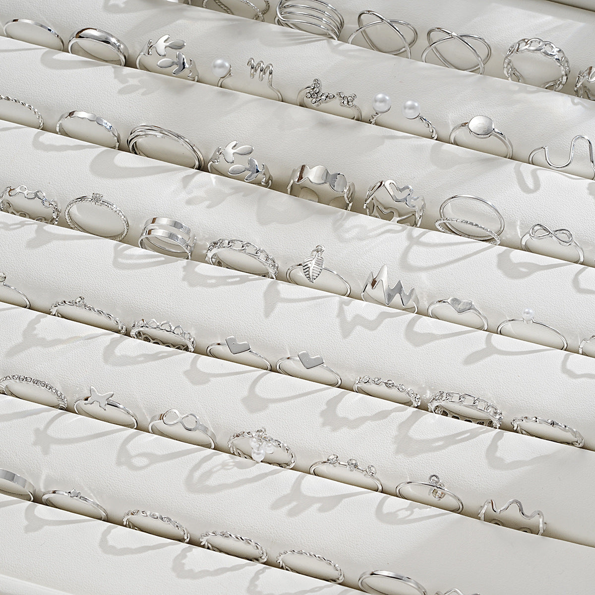 Silver Leaf Heart Pearl Ring Set