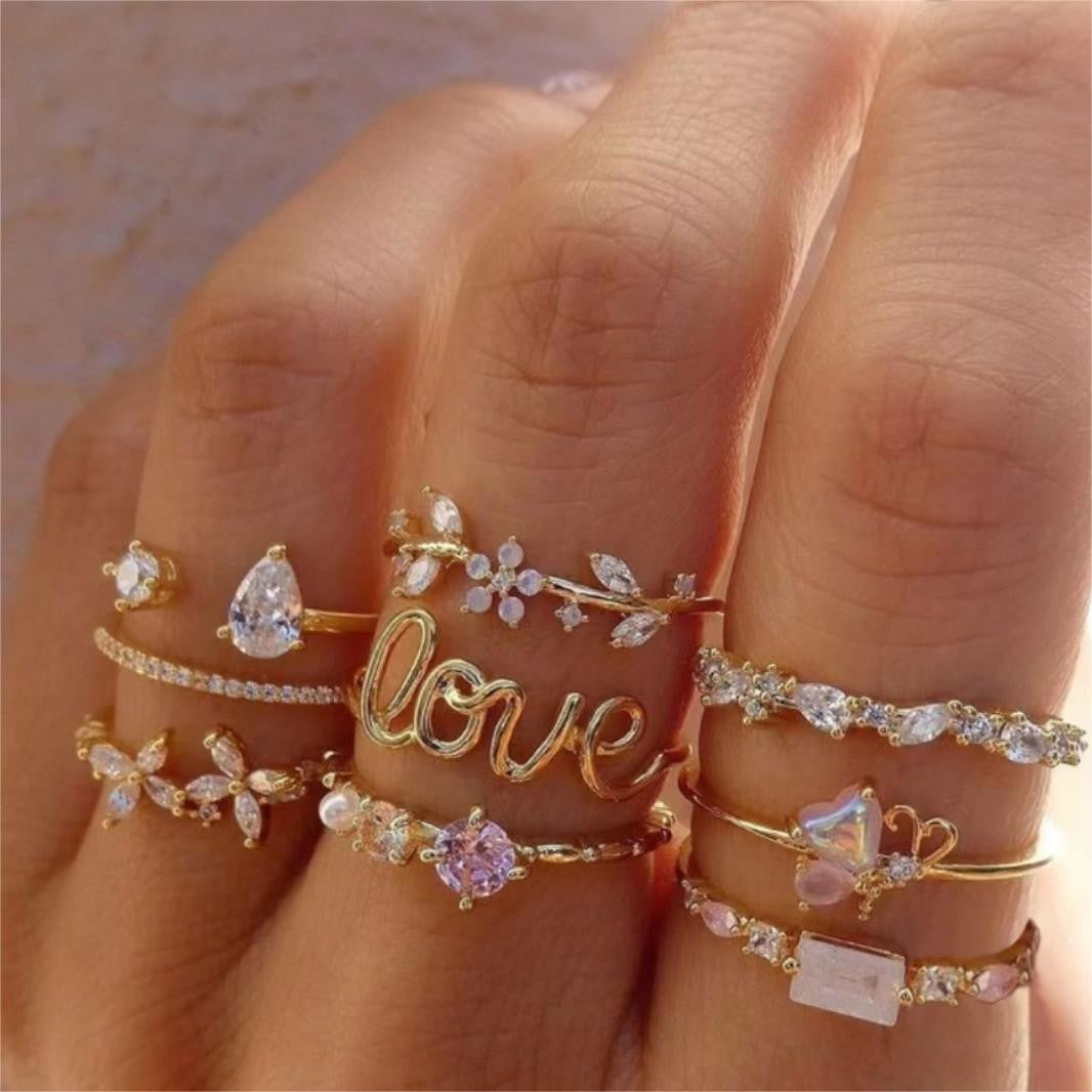9-Piece Rhinestone Geometric Ring Set