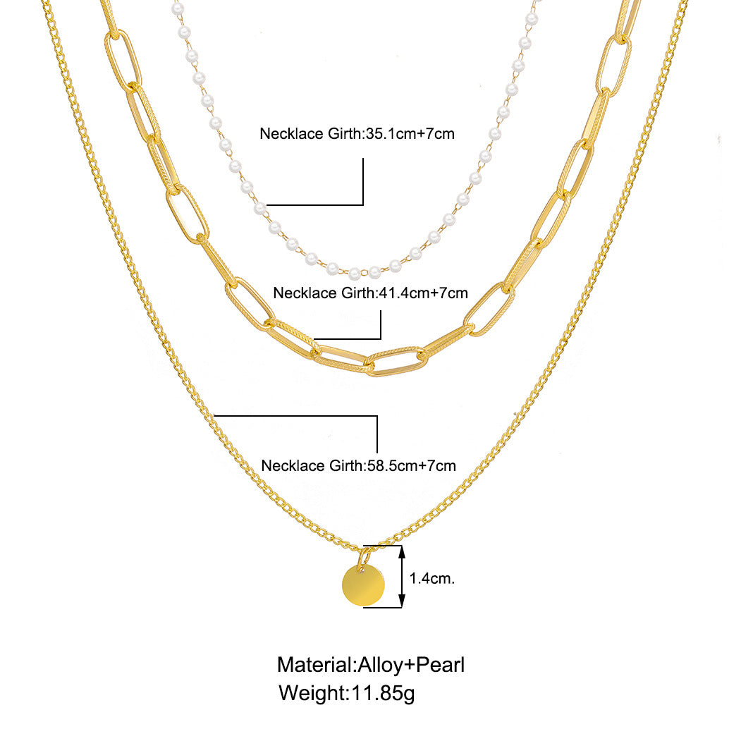 Chain disc pendant multi-layer pearl necklace