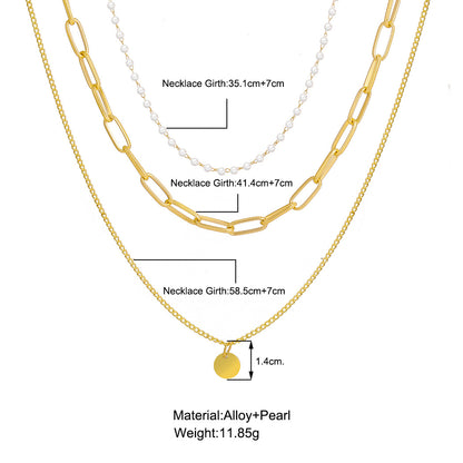 Chain disc pendant multi-layer pearl necklace