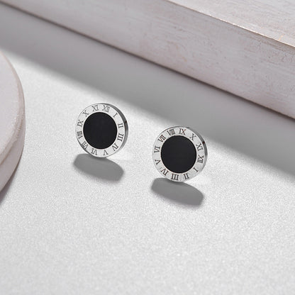 Round Black Roman Titanium Steel Stud Earrings