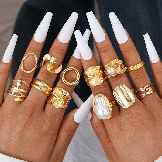 Liquid Metal & Pearl Resin Ring Set (12-Piece)
