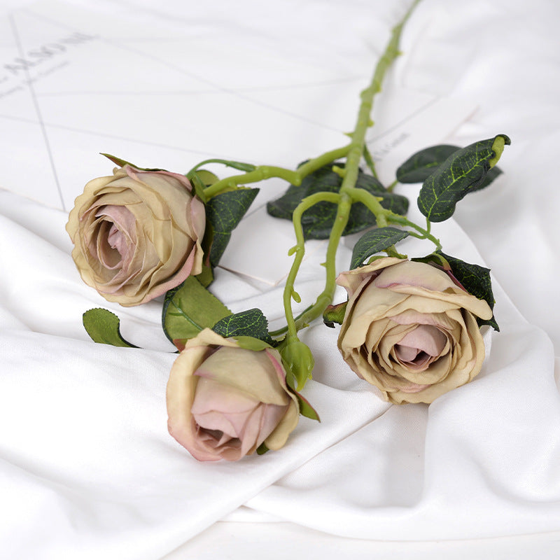 Ramo de rosas de 3 cabezas de simulación de borde quemado retro europeo 